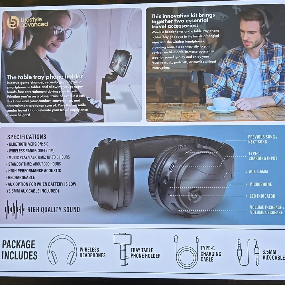 NIB Wireless headphones + tray table phone holder